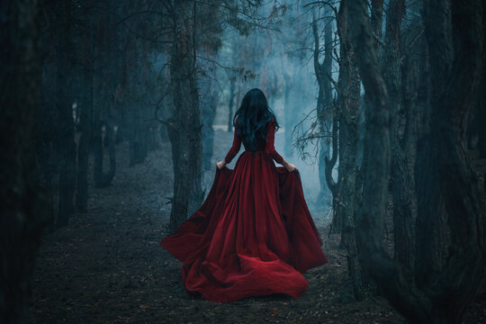 Art photo real person Gothic girl walking running in dark foggy forest trees, velvet red long medieval old style long dress train fly wind. Fantasy Woman Black hair back rear view fairy princess