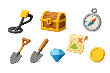 3d adventure and treasure hunting icons set: chest, compass, map, tools, and gem