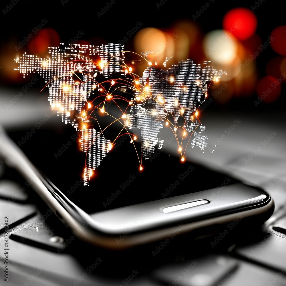 Aufkleber Global Connectivity: A World Map on a Smartphone Display with Glowing Network Connections