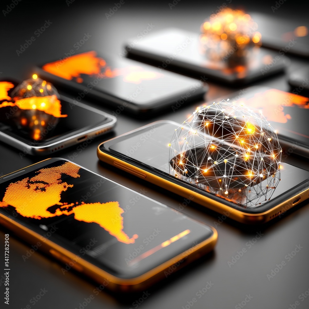 Leinwandbilder global connectivity: smartphones displaying earth map and network globe, representing technology and