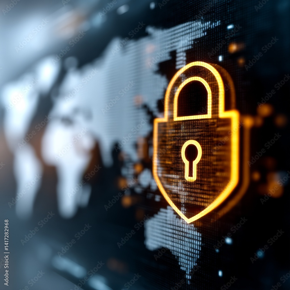 Aufkleber Global Data Security: Digital Lock Protecting World Map Data from Cyber Threats and Data Breaches