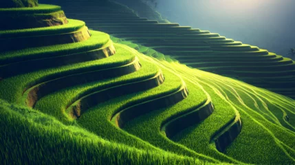 Gardinen view of terraced rice fields at sunrise, reflecting the soft golden light on the water  © Issara