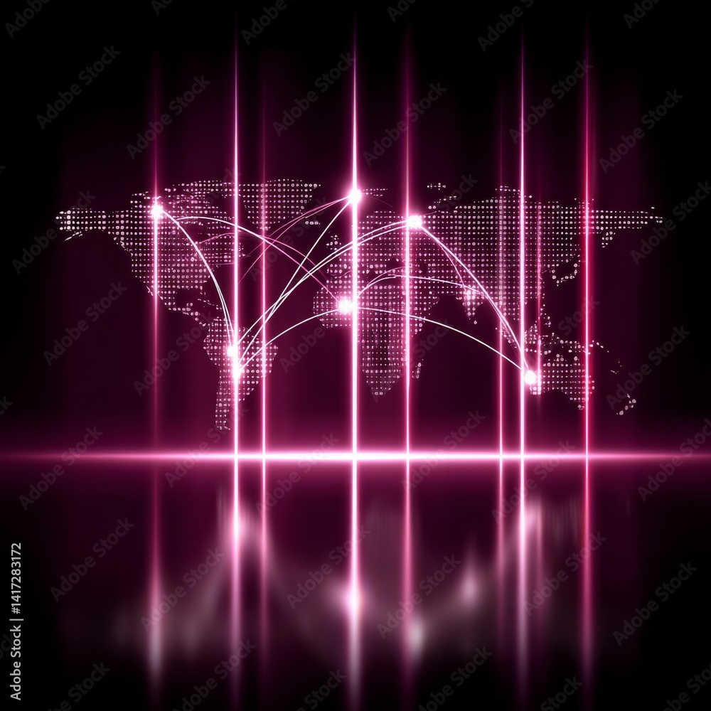 Aufkleber Global Network Connections: Dotted World Map with Vibrant Pink Light Trails and Reflections for International Communications.