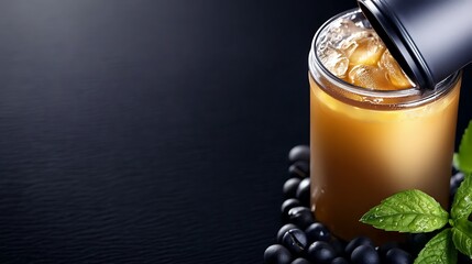 Chilled beverage with ice, black beans and mint. Refreshing drink on a dark surface