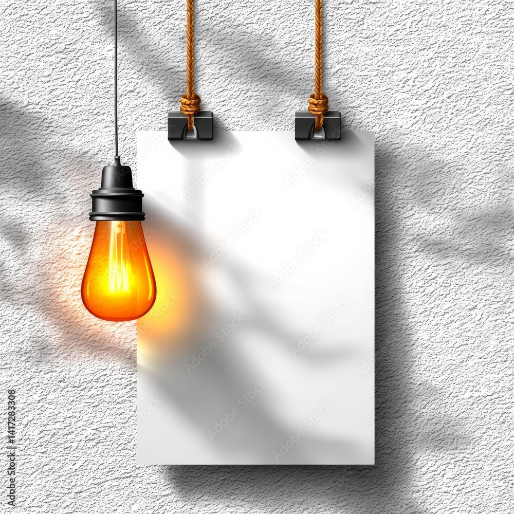 Aufkleber illuminated idea: vintage bulb and blank poster on textured wall displaying creative space and inspi