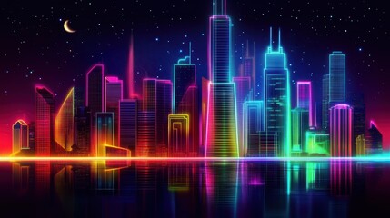 Fototapeta premium Colorful Neon City Skyline with Reflections at Night Under a Starry Sky and Moonlit Atmosphere