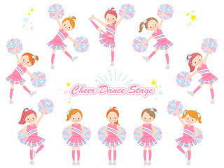 笑顔でチアダンスをしているかわいい子供達のイラストセット
