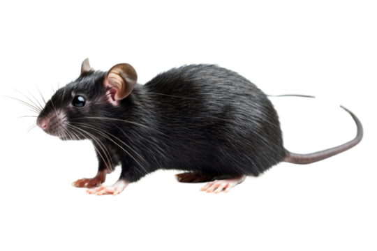 Sleek, dark rodent isolated on PNG transparent background, cut out
