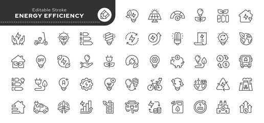 Energy efficiency line icon set.  Ecology of energy consumption, energy-saving light bulb, electricity, solar battery, electric car, scooter. Outline vector icons. Pictogram collection