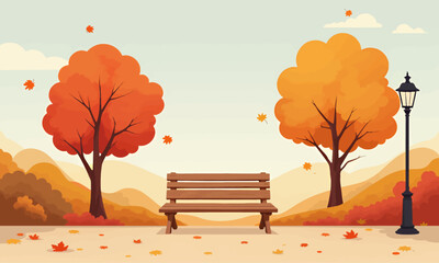 Autumn park scene with bench and falling leaves