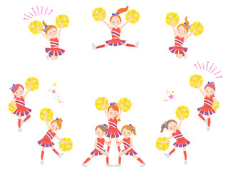 Fototapeta premium 笑顔でチアダンスをしているかわいい子供達のイラストセット