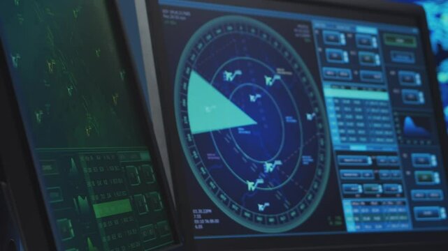Professional air traffic controller in the control tower. Aircraft control officer works using radar, computer navigation and digital maps. Close-up portrait.