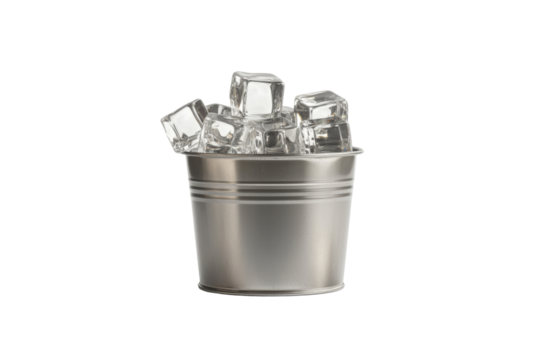 Ice cubes in pail isolated on PNG transparent background, cut out