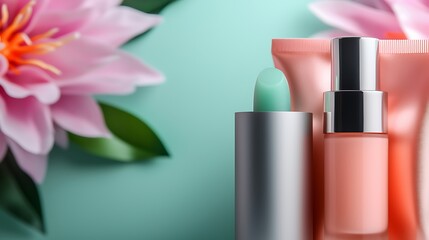 Close up of beauty products with pink flowers arranged on a pastel turquoise backdrop