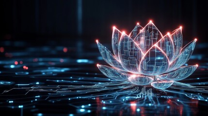 Futuristic lotus flower with digital circuit pattern and glowing elements on dark background 