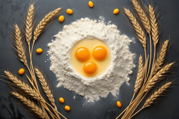 Baking Ingredients Flat Lay – Flour, Egg Yolks, and Wheat on Dark Marble Surface