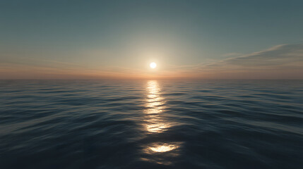 Obraz premium Ocean Sunset: Serene ocean landscape at sunset, with the sun reflecting on the calm water, creating a peaceful and tranquil atmosphere. 