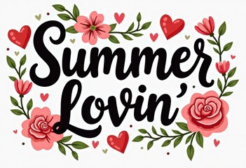 A charming digital illustration featuring the phrase Summer Lovin' in elegant black script typography, surrounded by a floral arrangement on a white background. 