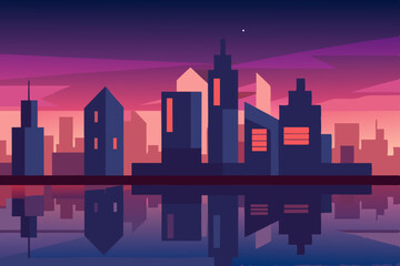 Naklejka premium cityscape-with-reflections-at-dusk