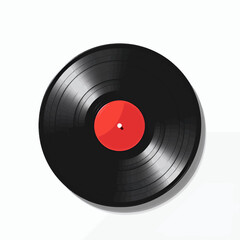 Black Vinyl Record with Red Label on White Background