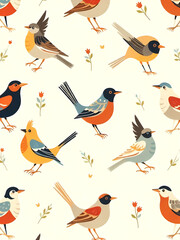 Obraz premium Charming seamless pattern featuring a variety of vibrant birds amongst delicate floral elements.