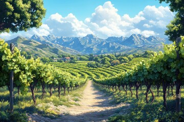 Fototapeta premium Scenic vineyard landscape, mountains in the background