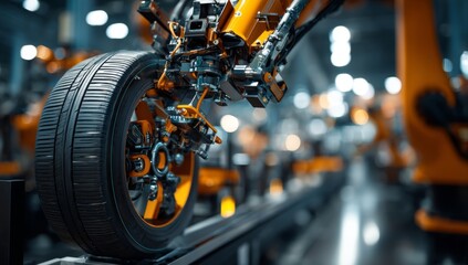 Automated Robotic Arm Precisely Assembles Wheel onto Vehicle in Factory Setting