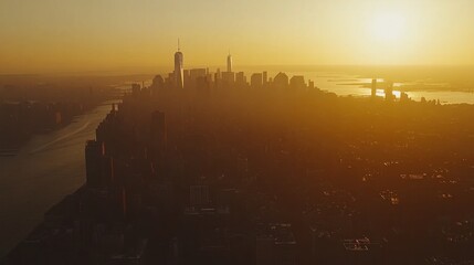 Fototapeta premium New York City skyline at sunrise, bathed in golden light.
