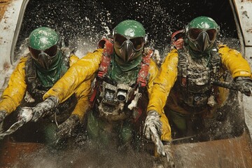 Obraz premium Three people in protective gear emerge from water onto a boat.