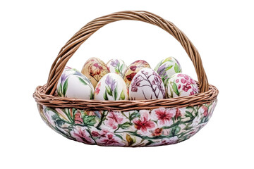 Festive Easter basket with floral decorations and painted eggs isolated on white background for cheerful artwork