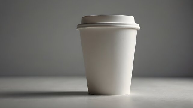A plain white paper coffee cup in a minimalist studio setup for mockups
