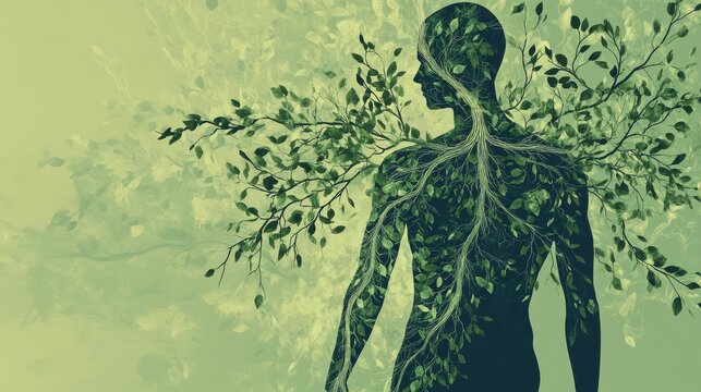 An abstract illustration of a human body with tree-like branches and leaves representing the vagus nerve, blending nature and anatomy. Generated AI. illustration