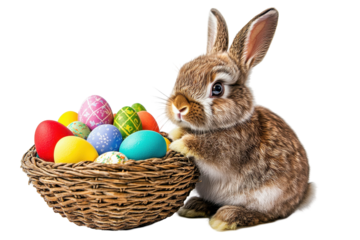 Bunny with Easter egg basket full of colors isolated on white background for cheerful seasonal artwork