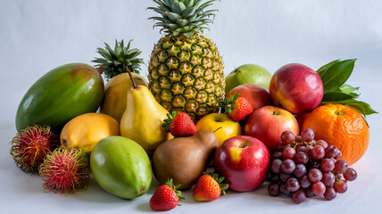 Opulent studio fruit still life featuring a majestic golden pineapple centerpiece, surrounded by exotic tropical treasures&mdash;velvety green mango, spiky red rambutan, lustrous white pear, rich brown sala