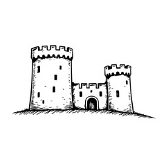 Hand-drawn castle illustration with towers on a grassy hill  