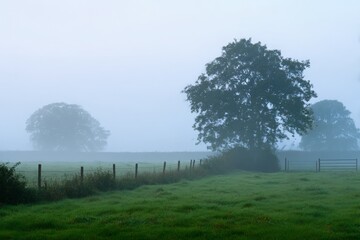 Fototapeta premium Serene misty morning in tranquil countryside meadow with soft light and peaceful natural atmosphere Generative AI