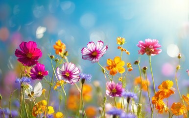 Fototapeta premium Vibrant wildflowers in a sunny field. A colorful display of nature's beauty.
