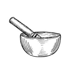 Singing bowl for meditation, relaxation, sound therapy drawing illustration. Singing bowl with a wooden stick, traditional Tibetan instrument sketch engraving style vector. Hand drawn line art clipart