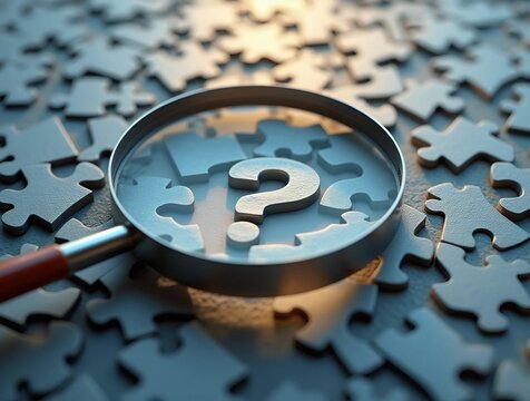 A photorealistic view of an abstract puzzle with a magnifying glass highlighting a missing piece shaped like a question mark, symbolizing problem-solving and critical thinking.