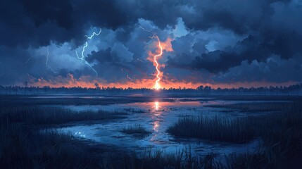 Dramatic lightning bolt strikes a vast landscape under colorful stormy skies, creating a powerful and dynamic natural spectacle.
