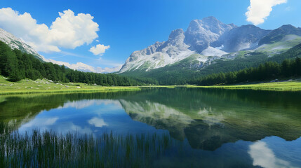 Idyllic alpine lake reflection beneath majestic mountains and clear blue sky