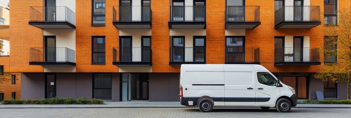 Delivery service van parked by urban apartments with copy space ideal for logistics moving and commercial vehicle advertising projects