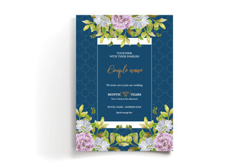 WEDDING INVITATION FRAME WITH FLOWER DECORATIONS AND FRESH LEAVES