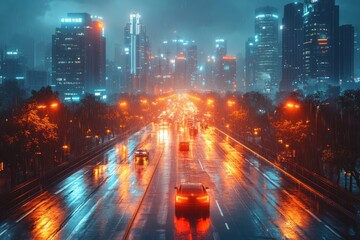 Fototapeta premium Night city highway, rain, futuristic