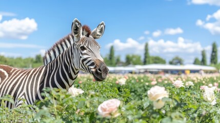 Zebra amidst roses: striking portrait of wildlife in a floral background a unique animal image beauty in nature bright summer day and colorful flowers 