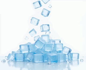 Falling Blue Ice Cubes with Water Droplets