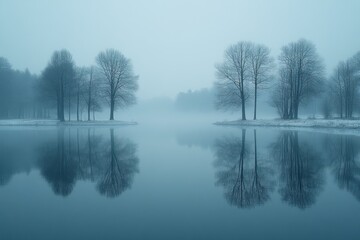 Misty winter landscape reflects tranquil trees