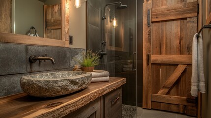 Rustic modern bathroom with natural stone sink and reclaimed wood