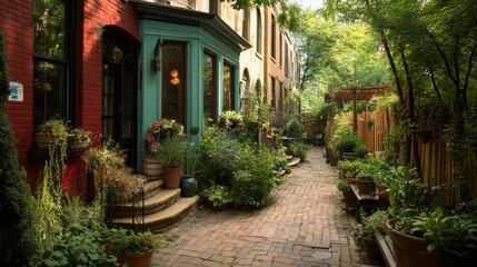Fototapeta premium Serene Garden Path Between Colorful Houses