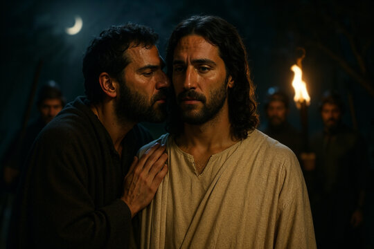 Judas betraying Jesus with a Kiss. Thirty Pieces of Silver.